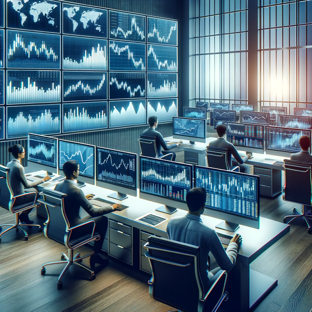 The scene depicts traders focused on their screens, engaged in proprietary trading.