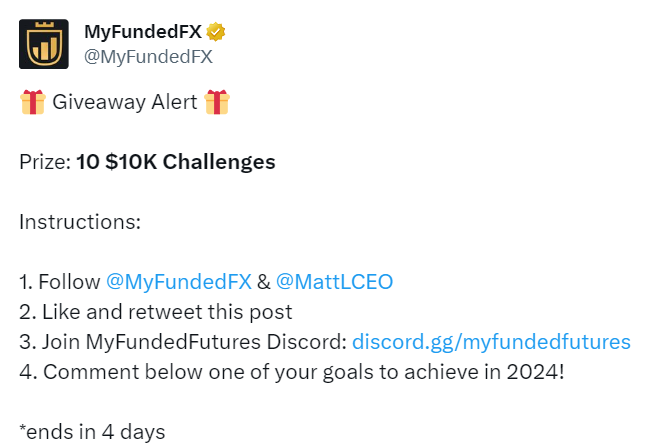 MyFundedFX $10K Challenge Giveaway twitter details